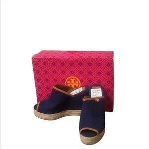 Tory Burch Navy Blue Espadrille Wedge Heels with Tan Trim